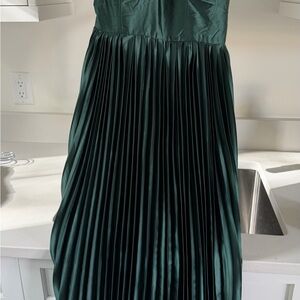 Vici Dark Green Pleated Strapless Satin Evening Gown